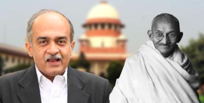 Prashant Bhushan and Mahatma Gandhi with the Supreme Court in the background. Photos: PTI/Wikimedia Commons, Illustration: The Wire