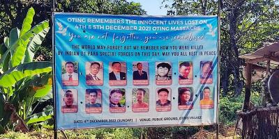 Photographs of the 14 civilians killed in a botched counter-insurgency operation in Nagaland one year ago, at Oting in Mon district. Photo taken on December 4, 2022. Photo: PTI