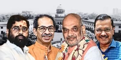 Eknath Shinde, Uddhav Thackeray, Amit Shah and Arvind Kejriwal. In the background is the Supreme Court. Photos: Official Twitter handles and file.