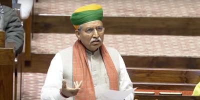 Law minister Arjun Ram Meghwal in the Rajya Sabha during the passage of the Chief Election Commissioner and other Election Commissioners (Appointment, Conditions of Service and Term of Office) Bill, 2023. Photo: Screengrab via YouTube/Sansad TV