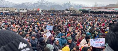 Thousands of protesters rallied in Leh and Kargil districts of Ladakh on Saturday, February 3, in protest against the constitutional changes brought about by the reading down of Article 370. Photo: By Special Arrangement