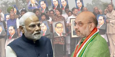 In this collage, Prime Minister Modi and Amit Shah are depicted against a file photo in the background of politicians protesting Shah's remarks on B.R. Ambedkar in 2024. Photos: X/@INCSCDept, Sansad TV broadcast (Modi) and X/@AmitShah.